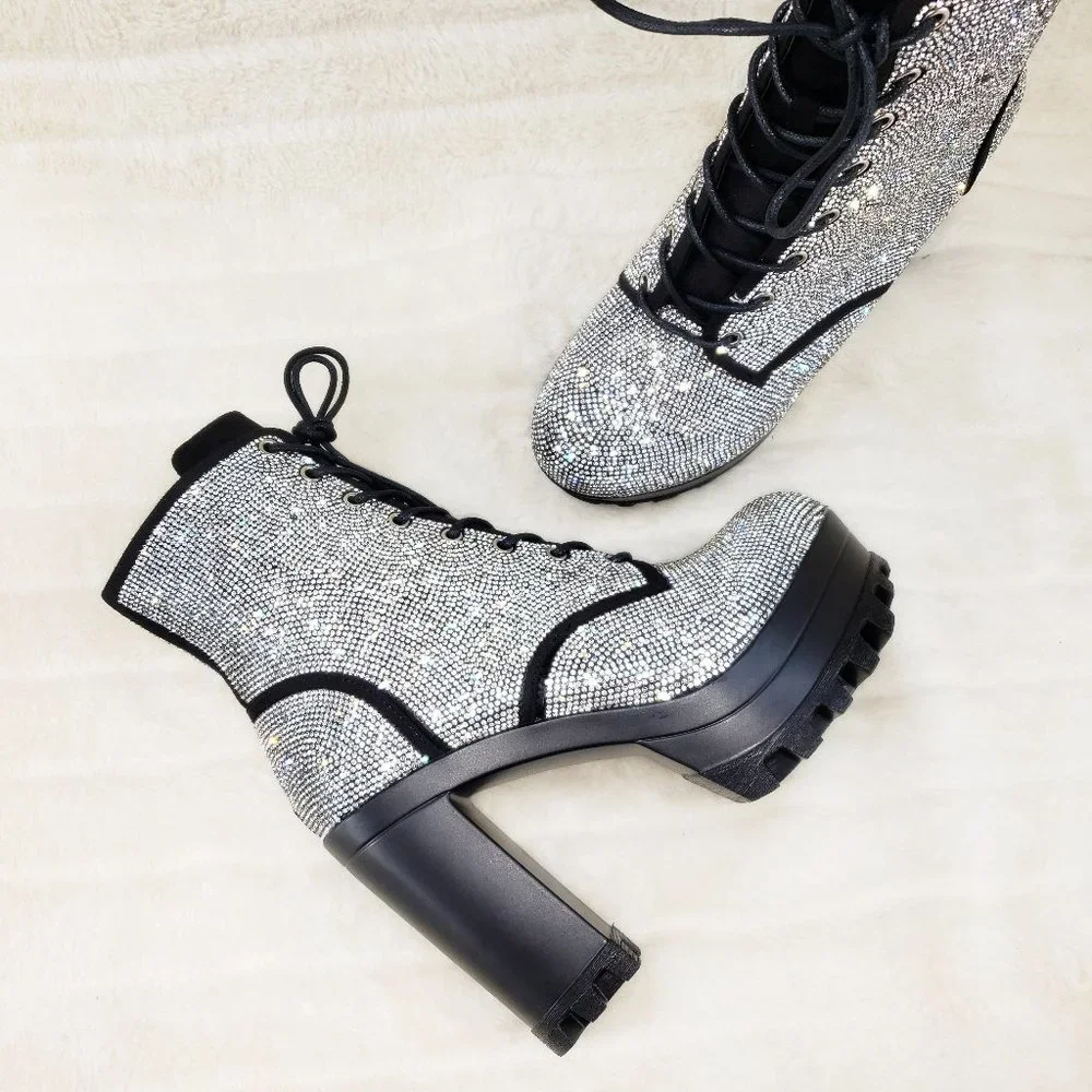 Cape Robbin Silver Crystal Lace-Up Platform Ankle Boots - Picture 9 of 15